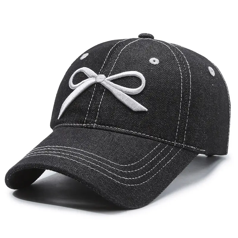Women Casual Bow Denim Baseball Cap White - Image 3