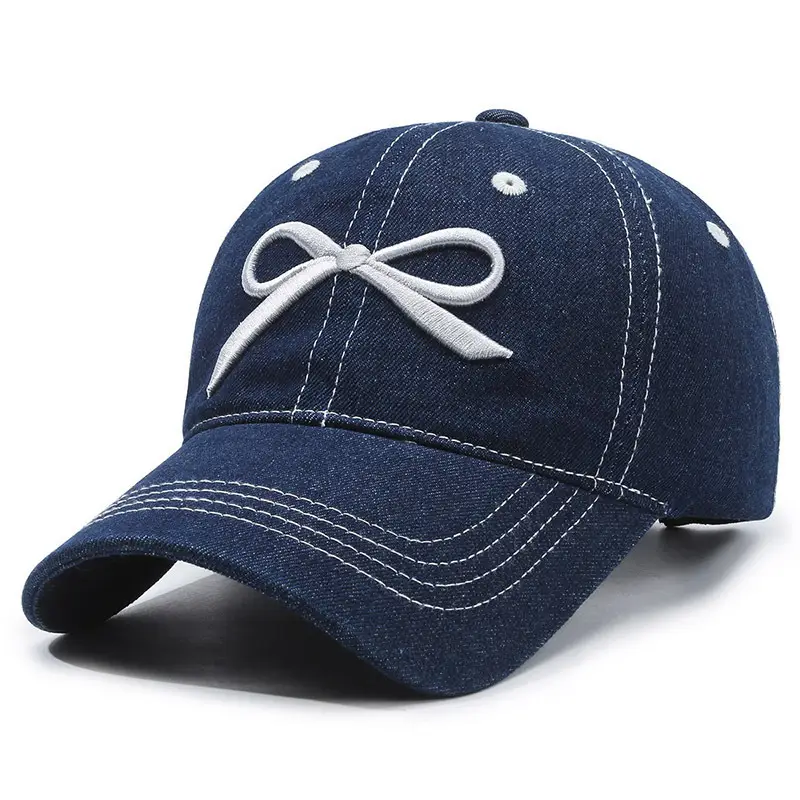 Women Casual Bow Denim Baseball Cap White - Image 2
