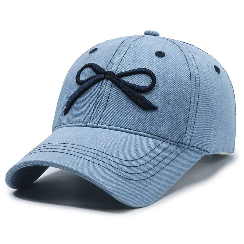 Women Casual Bow Denim Baseball Cap White - Image 4