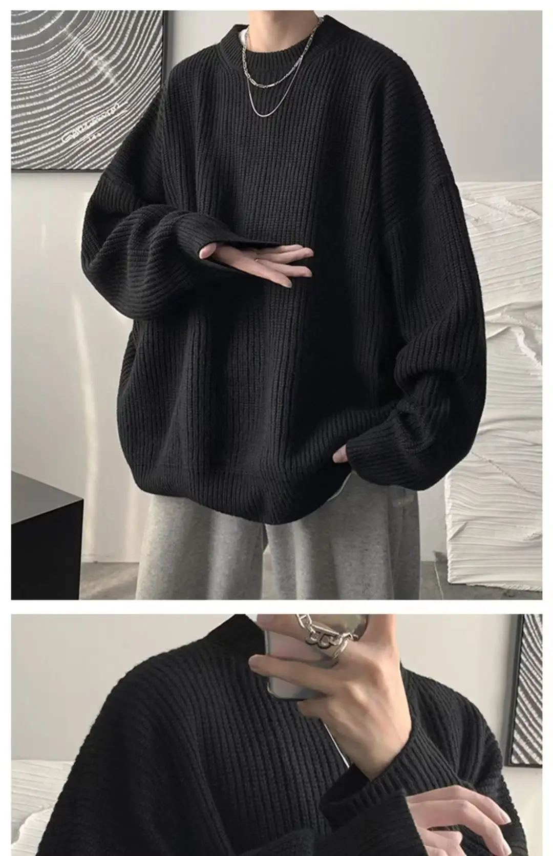 Men's Knit Sweater Winter Wear Brown Loose Fit — feature 7