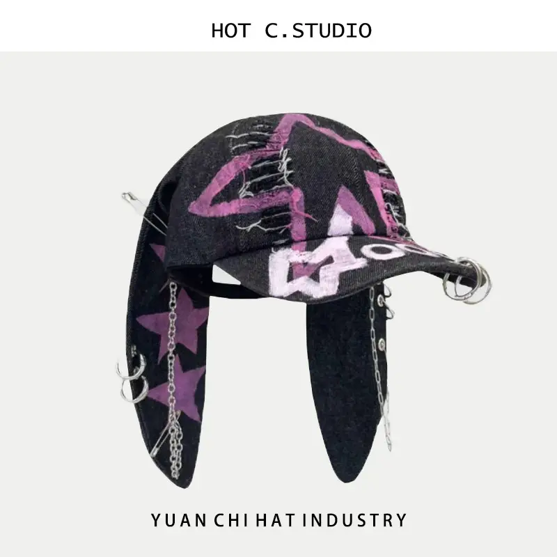 Punk Rabbit Ears Baseball Cap with Graffiti Design - Image 3