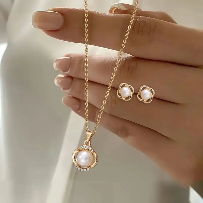 Gold Pearl Necklace Set with Earrings for Women