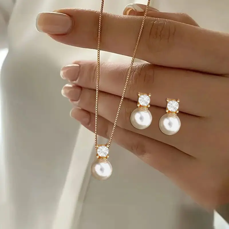 Gold Pearl Necklace Set with Earrings for Women
