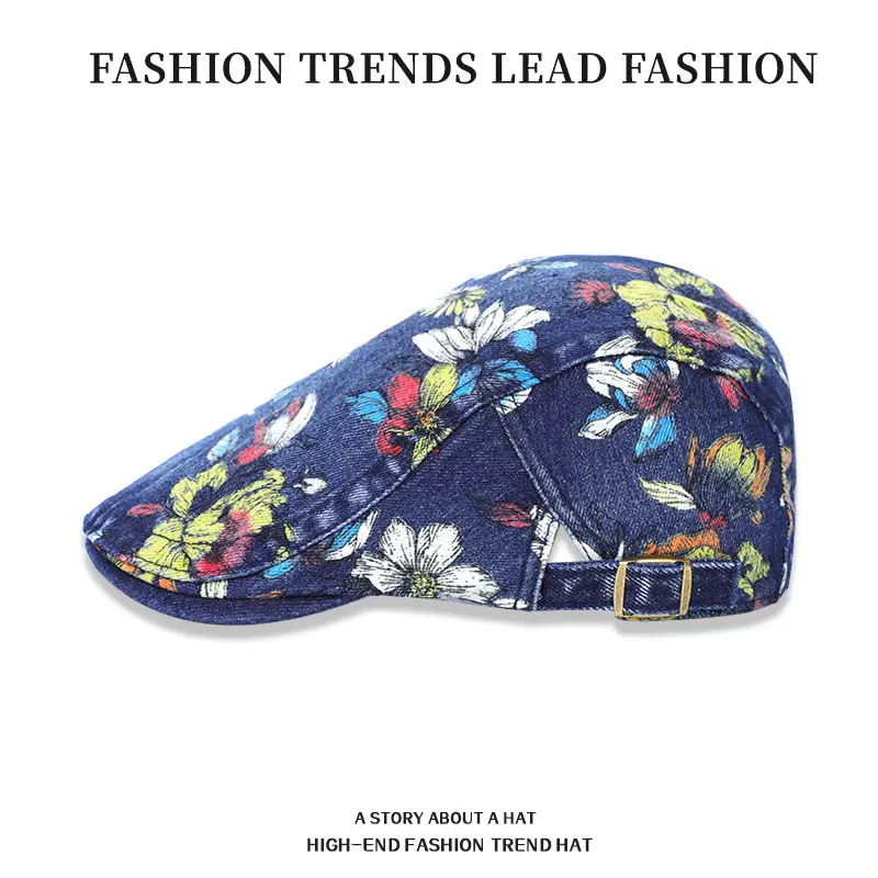 Light Blue Floral Wash Denim Beret for Men - Image 6