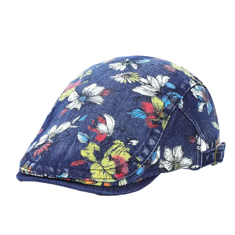Light Blue Floral Wash Denim Beret for Men - Image 9