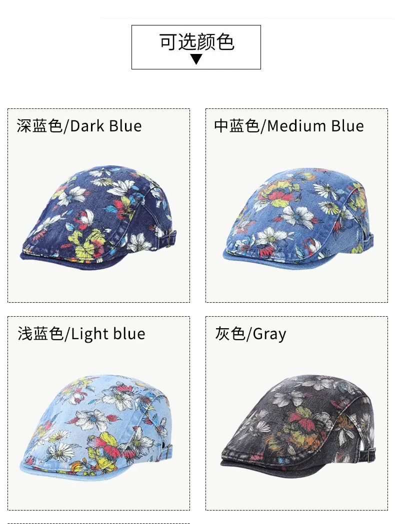 Light Blue Floral Wash Denim Beret for Men — feature 5