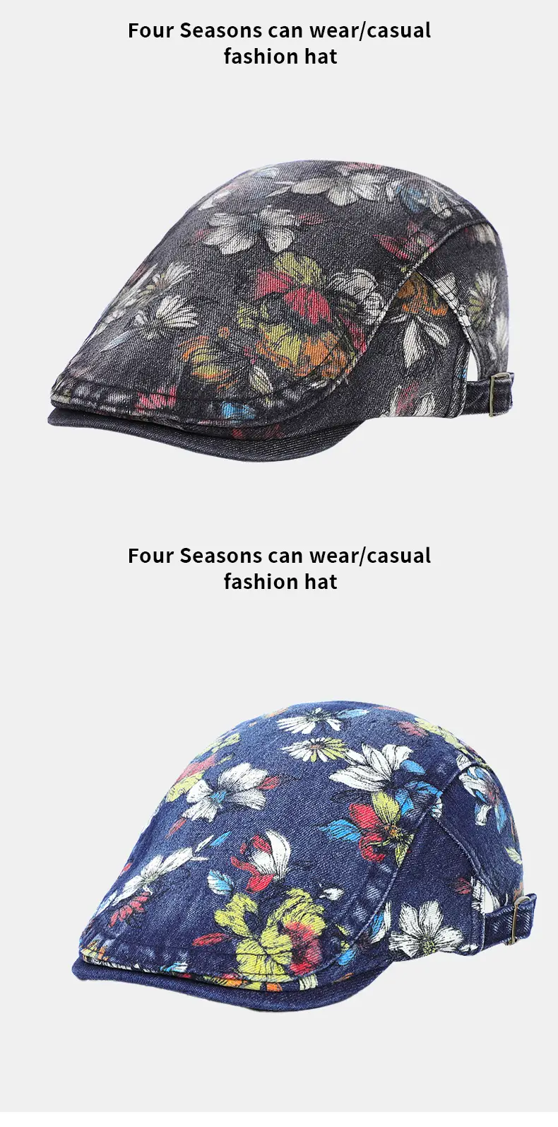 Light Blue Floral Wash Denim Beret for Men — feature 7
