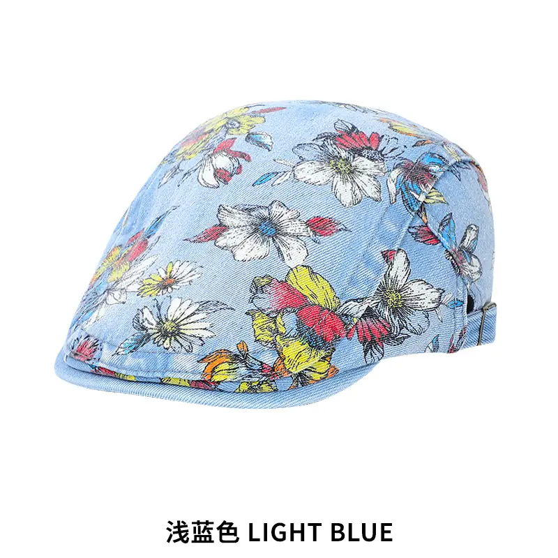 Light Blue Floral Wash Denim Beret for Men - Image 2