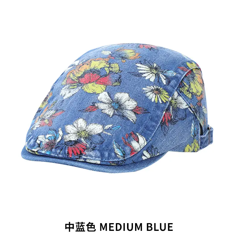 Light Blue Floral Wash Denim Beret for Men - Image 3