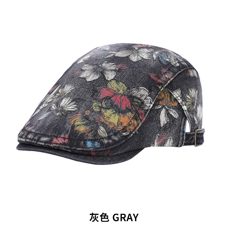 Light Blue Floral Wash Denim Beret for Men - Image 4