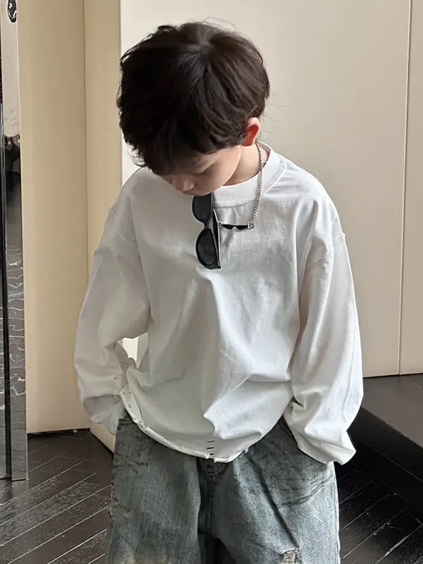 Kids Korean Style Long Sleeve T-Shirt White Medium Small - Image 3