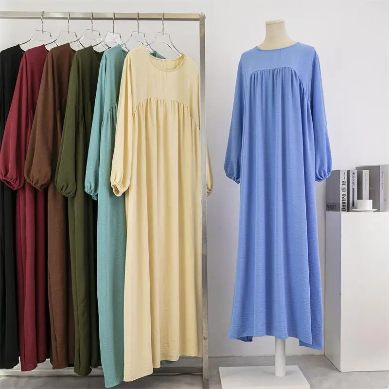 Cross-Border Foreign Trade Round Neck Loose Plus Size Long Sleeve Solid Color Pullover Robe Dress Spring and Autumn Over-The-Knee Long Dress