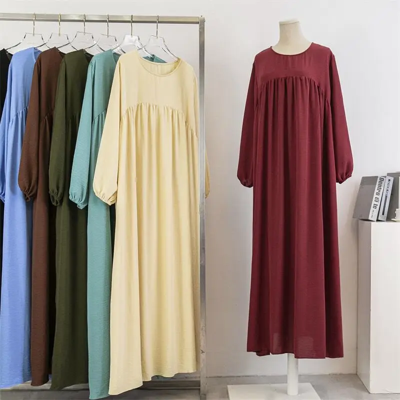 Cross-Border Foreign Trade Round Neck Loose Plus Size Long Sleeve Solid Color Pullover Robe Dress Spring and Autumn Over-The-Knee Long Dress