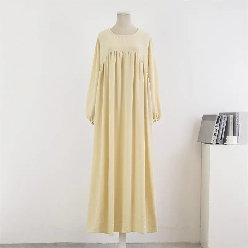 Cross-Border Foreign Trade Round Neck Loose Plus Size Long Sleeve Solid Color Pullover Robe Dress Spring and Autumn Over-The-Knee Long Dress