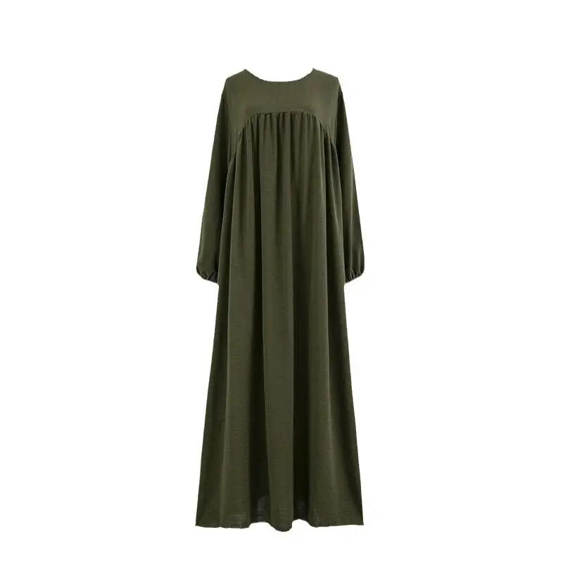 Cross-Border Foreign Trade Round Neck Loose Plus Size Long Sleeve Solid Color Pullover Robe Dress Spring and Autumn Over-The-Knee Long Dress