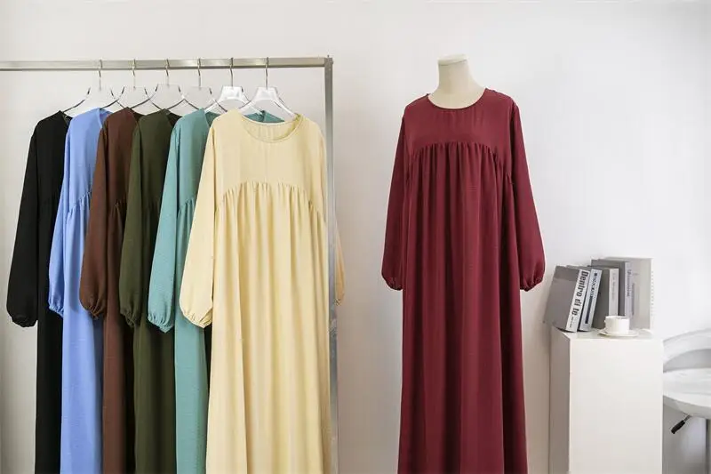 Cross-Border Foreign Trade Round Neck Loose Plus Size Long Sleeve Solid Color Pullover Robe Dress Spring and Autumn Over-The-Knee Long Dress — feature 5