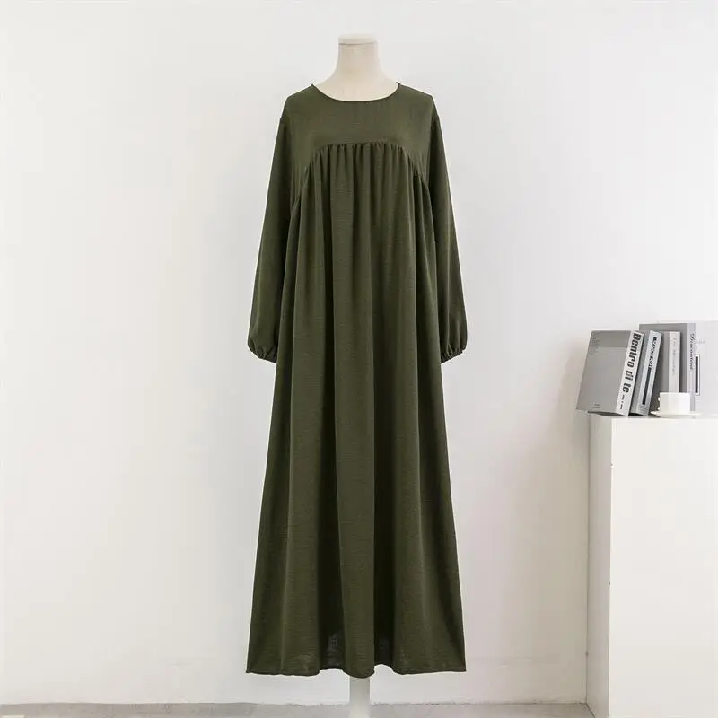 Cross-Border Foreign Trade Round Neck Loose Plus Size Long Sleeve Solid Color Pullover Robe Dress Spring and Autumn Over-The-Knee Long Dress
