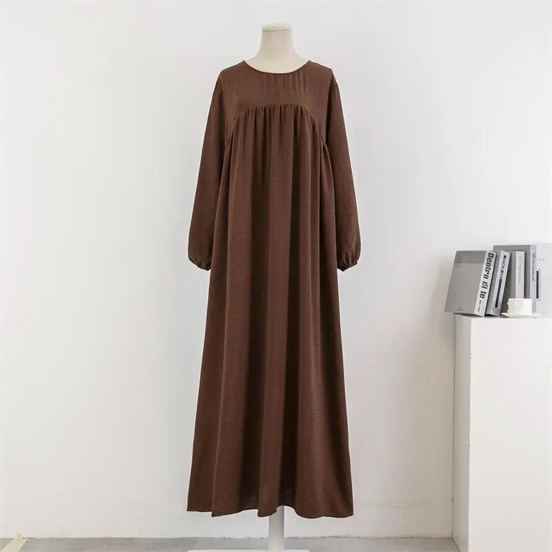 Cross-Border Foreign Trade Round Neck Loose Plus Size Long Sleeve Solid Color Pullover Robe Dress Spring and Autumn Over-The-Knee Long Dress