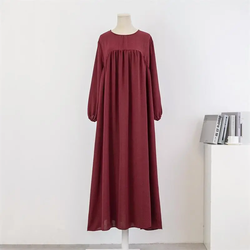 Cross-Border Foreign Trade Round Neck Loose Plus Size Long Sleeve Solid Color Pullover Robe Dress Spring and Autumn Over-The-Knee Long Dress