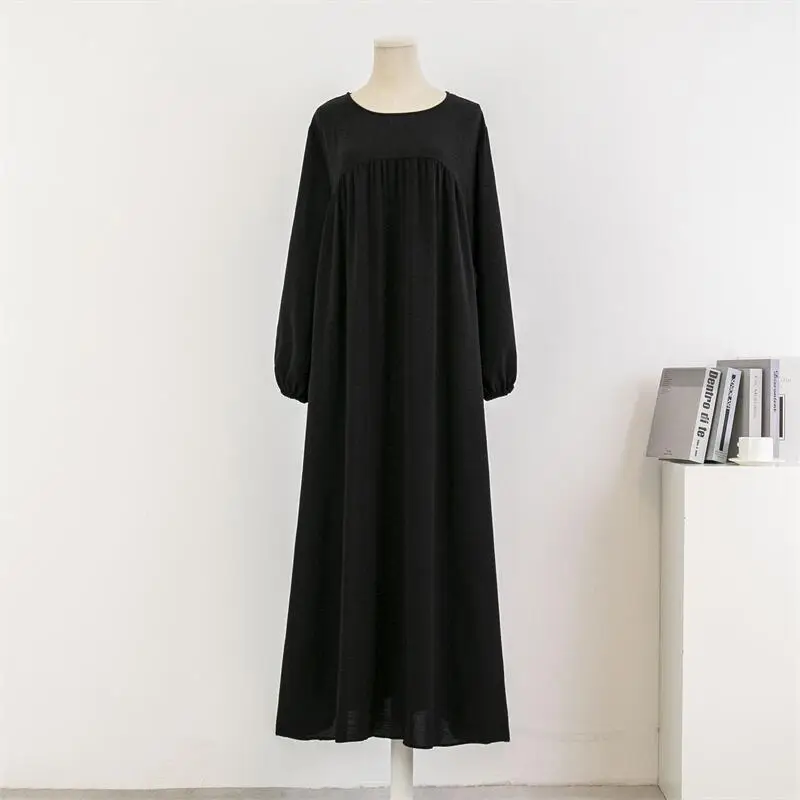 Cross-Border Foreign Trade Round Neck Loose Plus Size Long Sleeve Solid Color Pullover Robe Dress Spring and Autumn Over-The-Knee Long Dress
