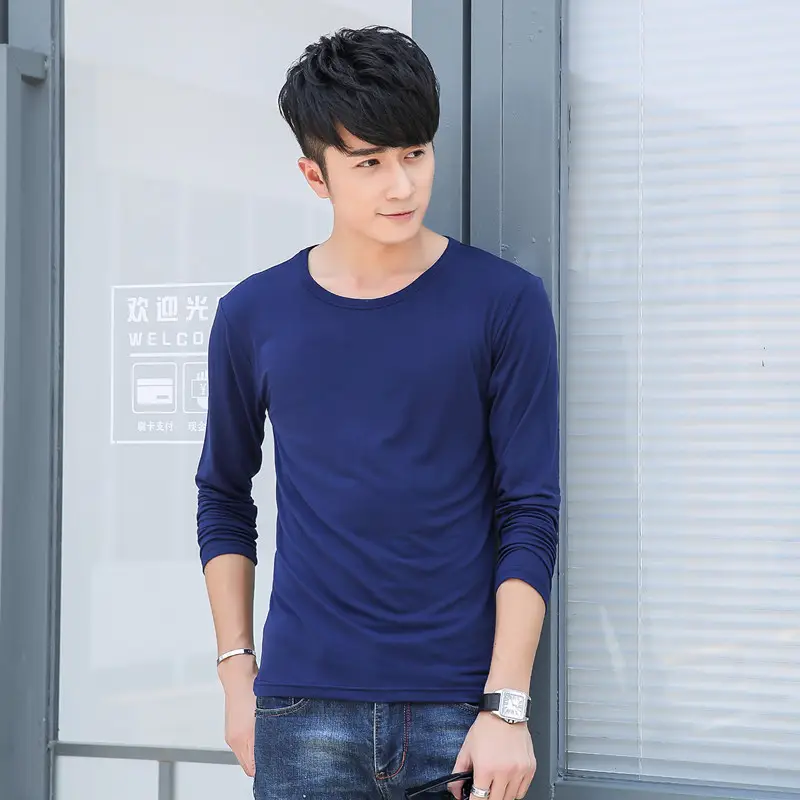 Men Long Sleeve V-Neck T-Shirt Grey White - Image 6