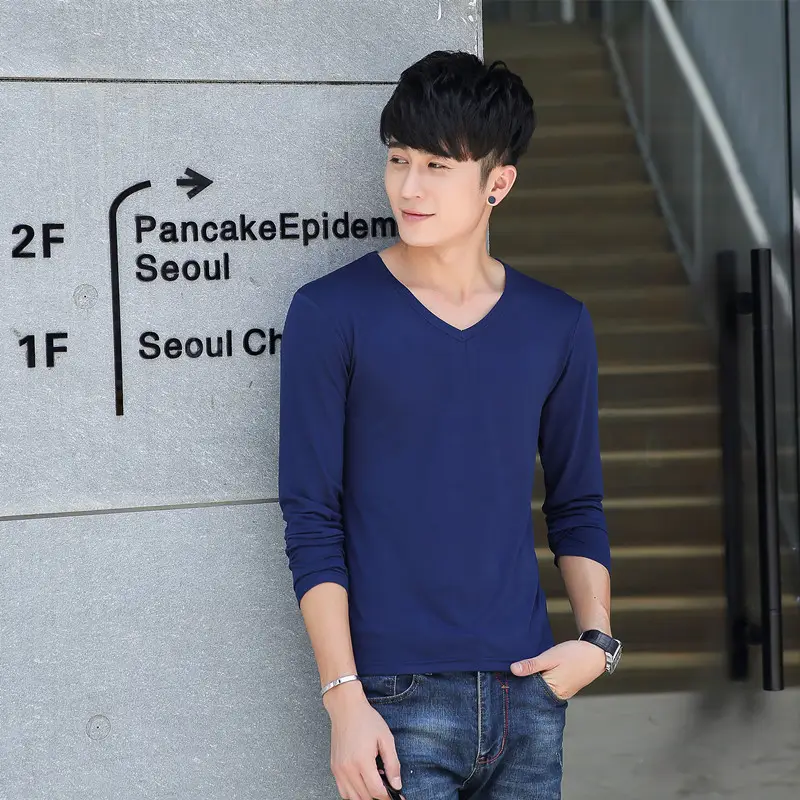 Men Long Sleeve V-Neck T-Shirt Grey White - Image 11