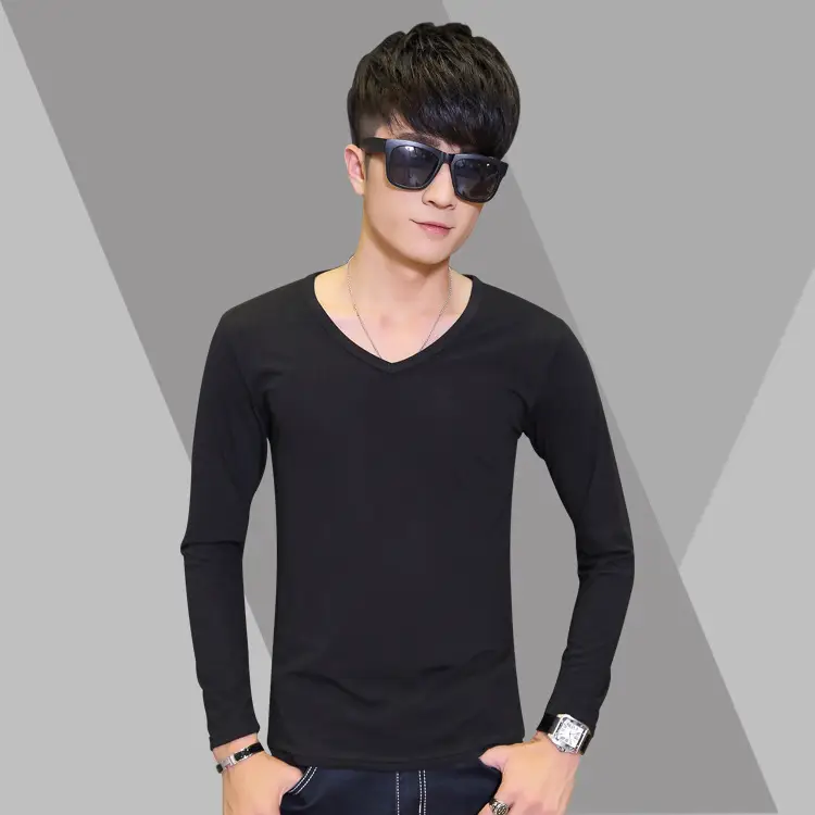 Men Long Sleeve V-Neck T-Shirt Grey White - Image 8