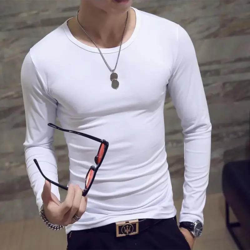 Men Long Sleeve V-Neck T-Shirt Grey White - Image 9