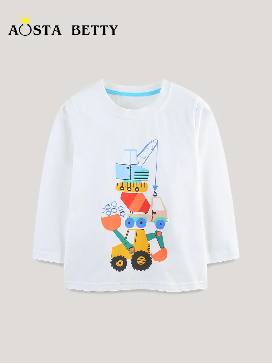 European American Boy T-Shirt Cartoon Excavator Print