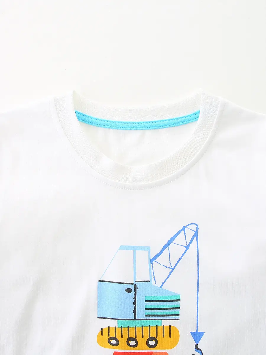 European American Boy T-Shirt Cartoon Excavator Print
