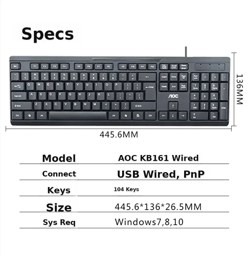 AOC KB161 Wired Keyboard Black 446x139mm — feature 1