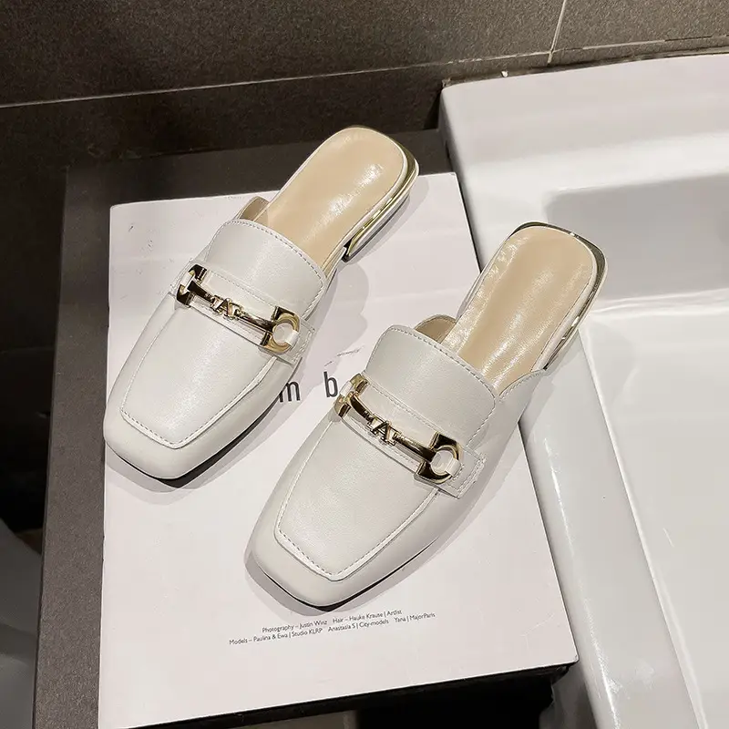 High-Heeled Shoes for Women 2025 Spring & Fall New Style Square Toe Thick Heel Shallow Mouth Baotou Low Heel Slip-On Outer Wear Versatile Slippers