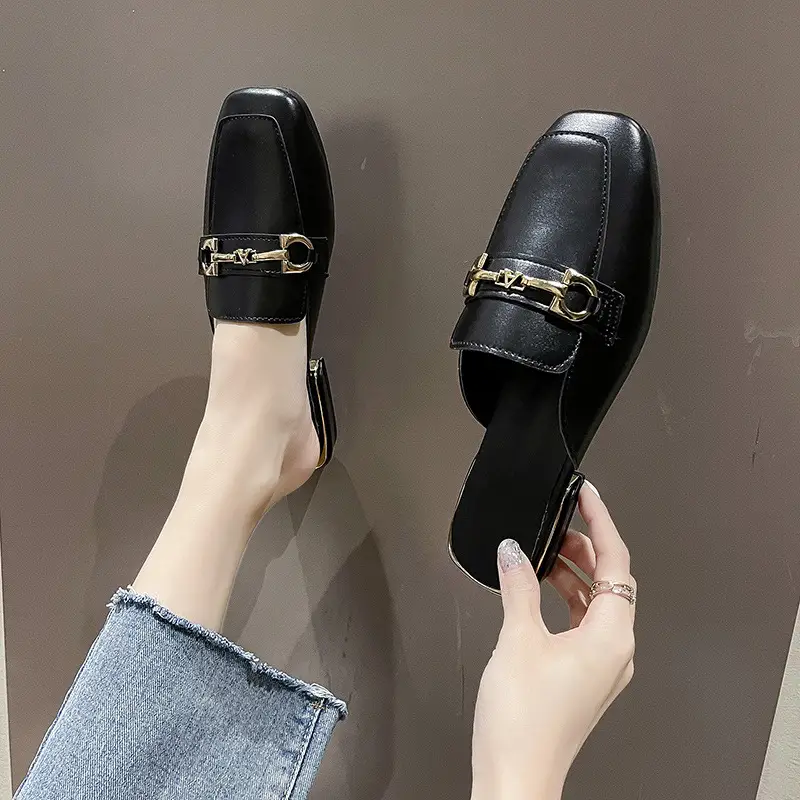 High-Heeled Shoes for Women 2025 Spring & Fall New Style Square Toe Thick Heel Shallow Mouth Baotou Low Heel Slip-On Outer Wear Versatile Slippers