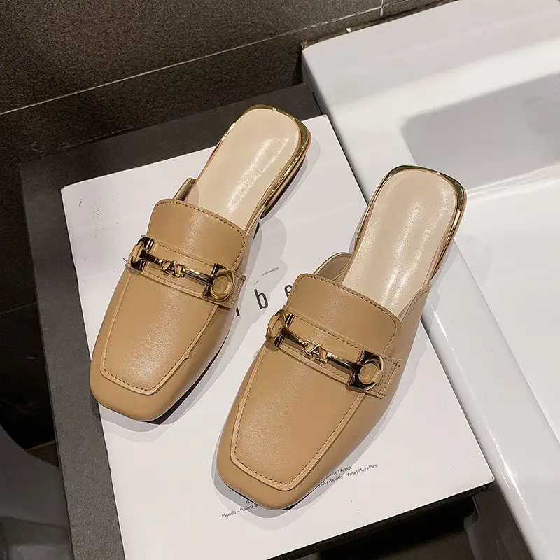 High-Heeled Shoes for Women 2025 Spring & Fall New Style Square Toe Thick Heel Shallow Mouth Baotou Low Heel Slip-On Outer Wear Versatile Slippers