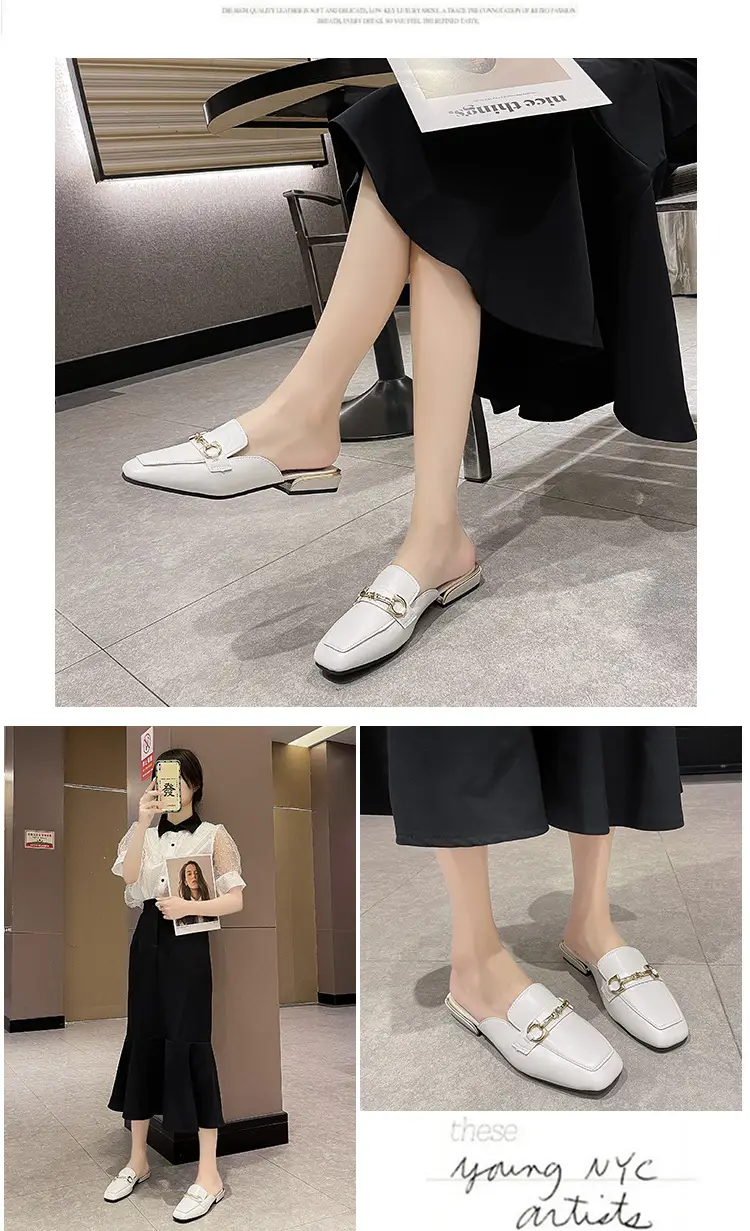 High-Heeled Shoes for Women 2025 Spring & Fall New Style Square Toe Thick Heel Shallow Mouth Baotou Low Heel Slip-On Outer Wear Versatile Slippers — feature 10