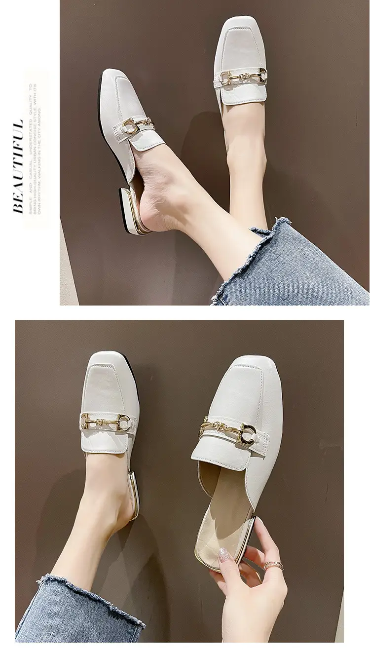 High-Heeled Shoes for Women 2025 Spring & Fall New Style Square Toe Thick Heel Shallow Mouth Baotou Low Heel Slip-On Outer Wear Versatile Slippers — feature 12