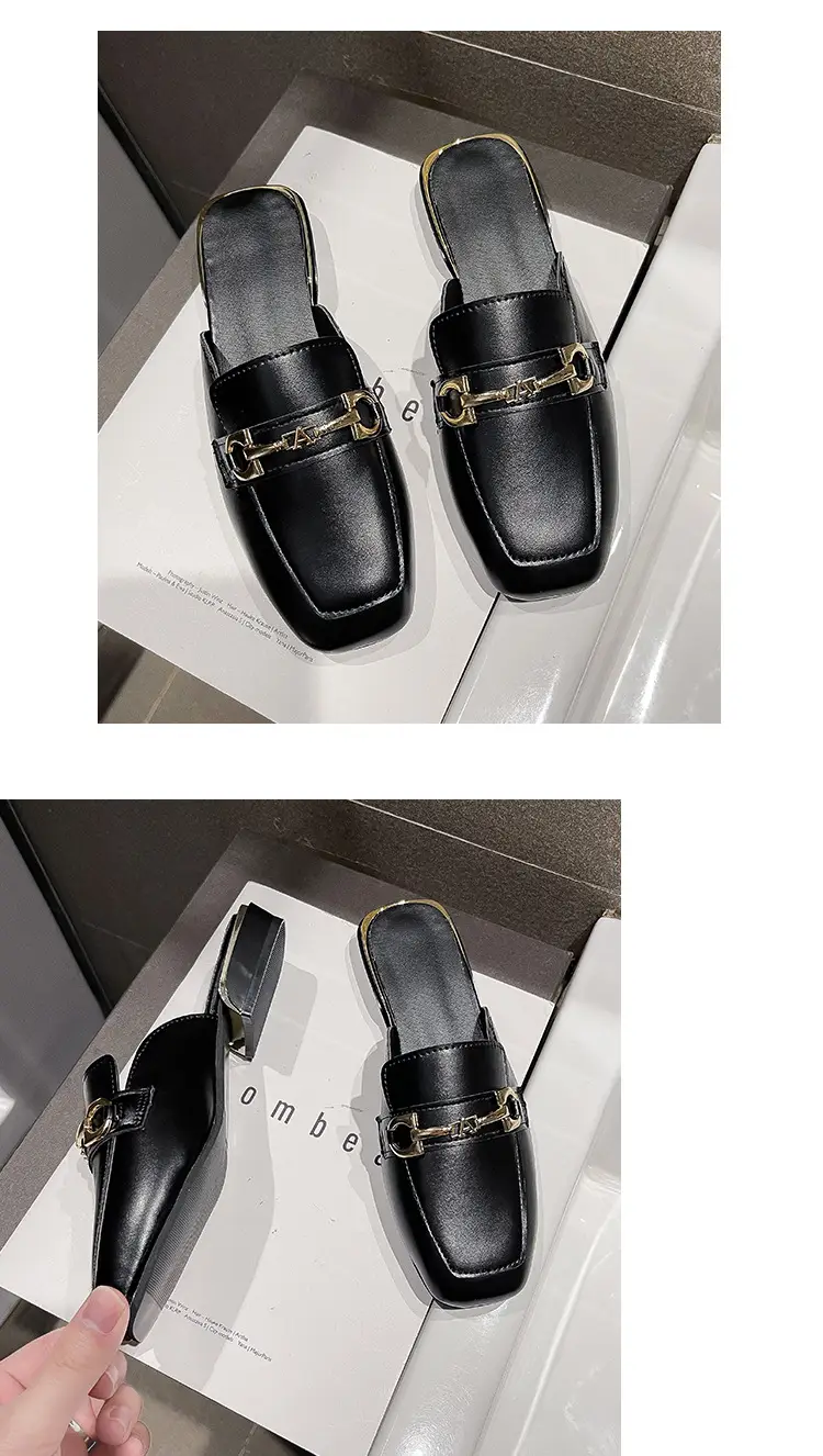 High-Heeled Shoes for Women 2025 Spring & Fall New Style Square Toe Thick Heel Shallow Mouth Baotou Low Heel Slip-On Outer Wear Versatile Slippers — feature 14