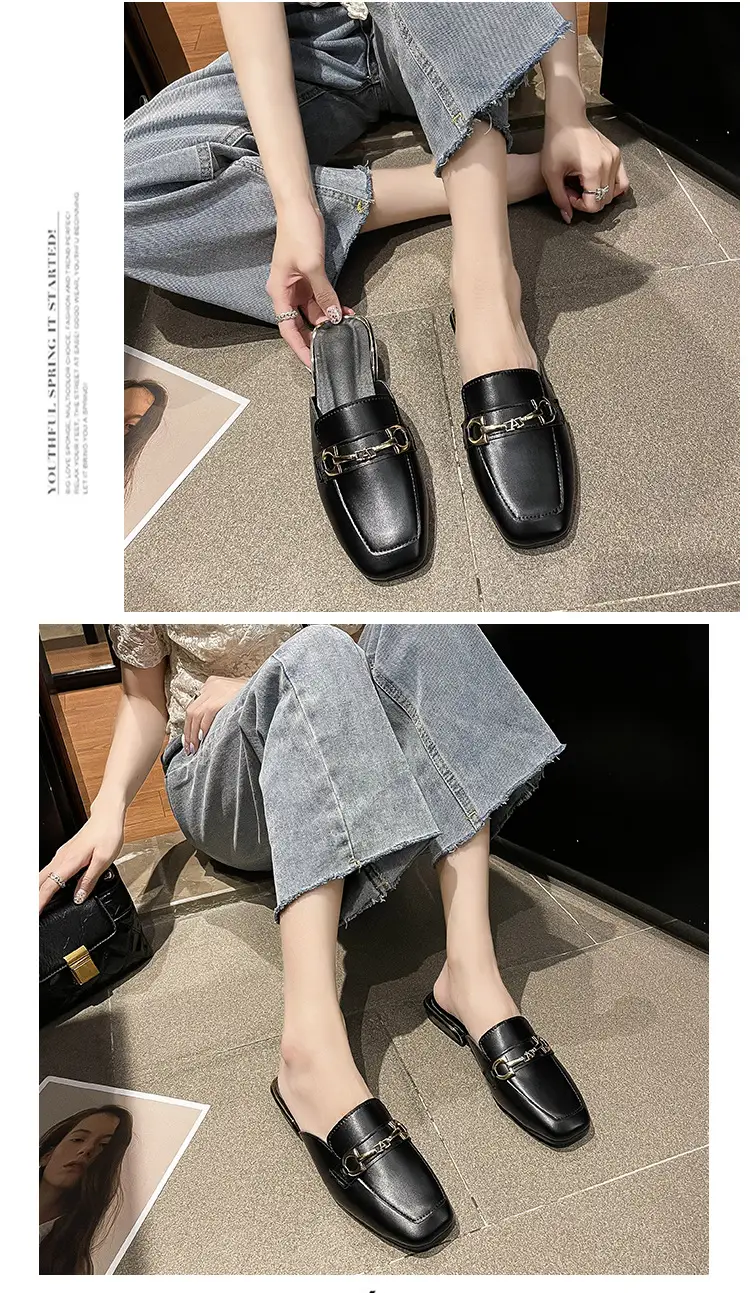 High-Heeled Shoes for Women 2025 Spring & Fall New Style Square Toe Thick Heel Shallow Mouth Baotou Low Heel Slip-On Outer Wear Versatile Slippers — feature 4