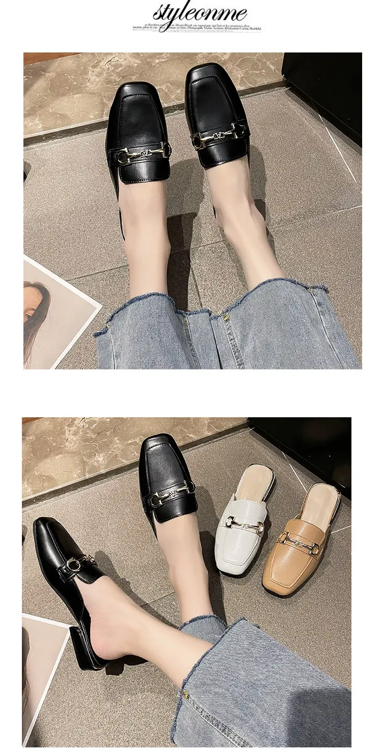 High-Heeled Shoes for Women 2025 Spring & Fall New Style Square Toe Thick Heel Shallow Mouth Baotou Low Heel Slip-On Outer Wear Versatile Slippers — feature 5