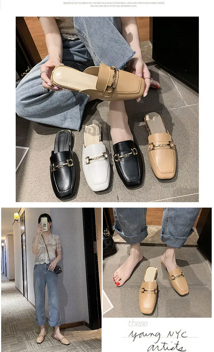 High-Heeled Shoes for Women 2025 Spring & Fall New Style Square Toe Thick Heel Shallow Mouth Baotou Low Heel Slip-On Outer Wear Versatile Slippers — feature 7