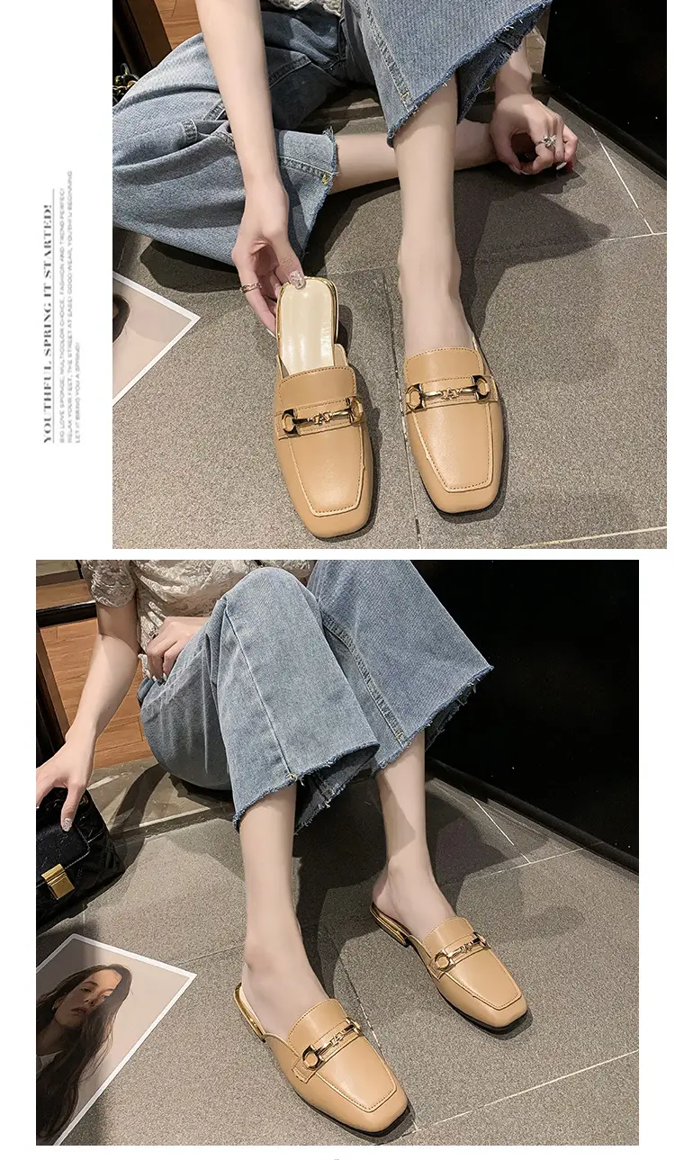 High-Heeled Shoes for Women 2025 Spring & Fall New Style Square Toe Thick Heel Shallow Mouth Baotou Low Heel Slip-On Outer Wear Versatile Slippers — feature 8