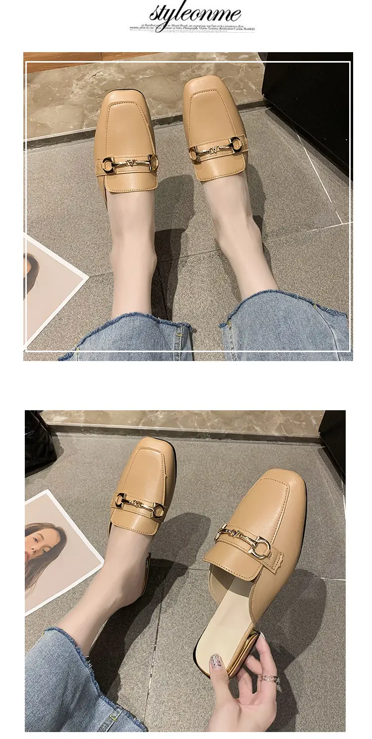 High-Heeled Shoes for Women 2025 Spring & Fall New Style Square Toe Thick Heel Shallow Mouth Baotou Low Heel Slip-On Outer Wear Versatile Slippers — feature 9
