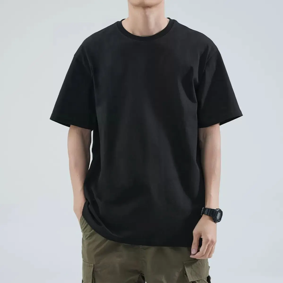 Men Cotton Crewneck T-Shirt 240g Summer Loose Casual - Image 10