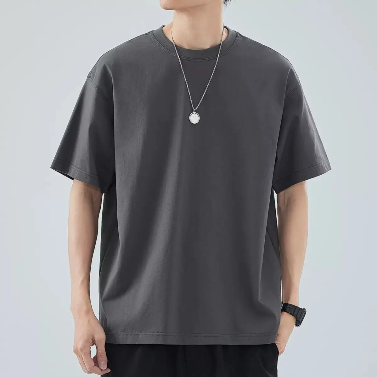 Men Cotton Crewneck T-Shirt 240g Summer Loose Casual - Image 12