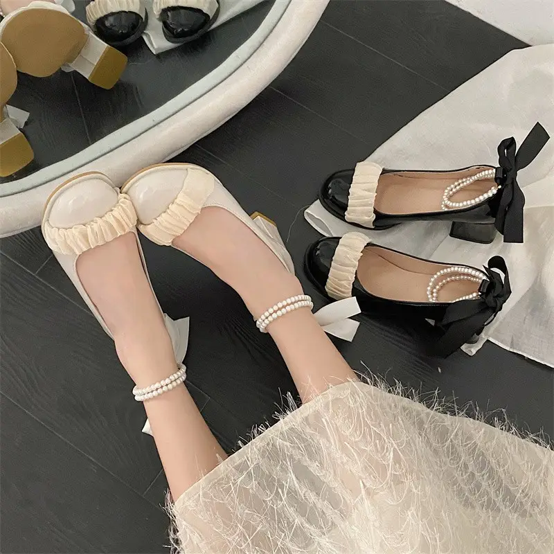 Mary Jane Shoes 2025 New Pearl Ribbon Bow High Heels Women's Square Toe Thick Heels Shallow Mouth Easiest for Match Shoes - Image 5
