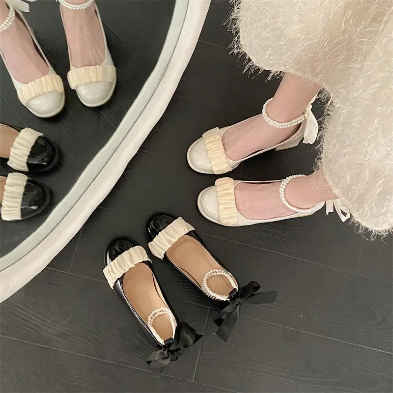 Mary Jane Shoes 2025 New Pearl Ribbon Bow High Heels Women's Square Toe Thick Heels Shallow Mouth Easiest for Match Shoes - Image 6