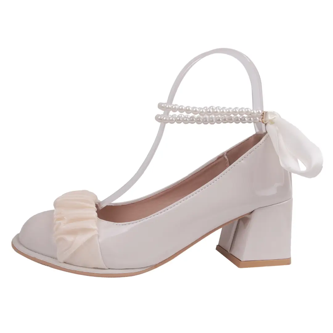 Mary Jane Shoes 2025 New Pearl Ribbon Bow High Heels Women's Square Toe Thick Heels Shallow Mouth Easiest for Match Shoes - Image 7