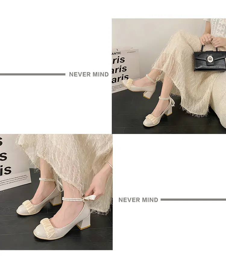 Mary Jane Shoes 2025 New Pearl Ribbon Bow High Heels Women's Square Toe Thick Heels Shallow Mouth Easiest for Match Shoes — feature 12