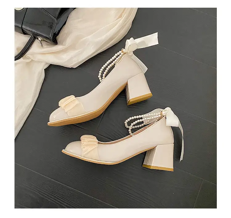 Mary Jane Shoes 2025 New Pearl Ribbon Bow High Heels Women's Square Toe Thick Heels Shallow Mouth Easiest for Match Shoes — feature 14