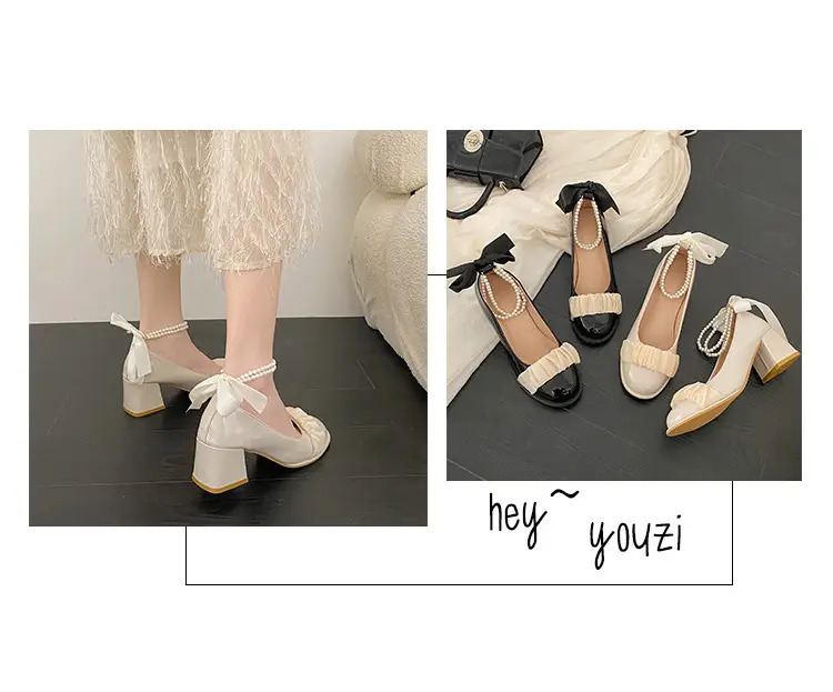 Mary Jane Shoes 2025 New Pearl Ribbon Bow High Heels Women's Square Toe Thick Heels Shallow Mouth Easiest for Match Shoes — feature 3